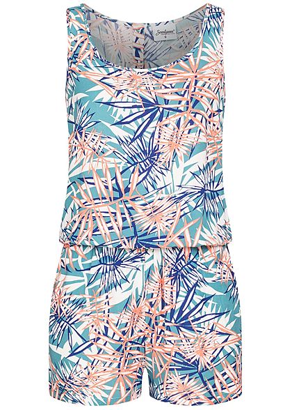 Seventyseven Lifestyle Dames Jumpsuit Tropical Print aqua blauw wit