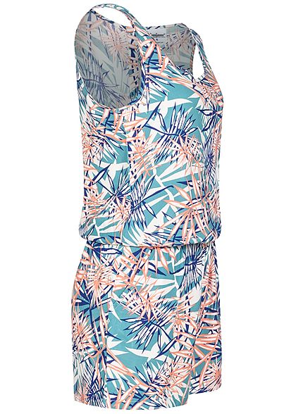 Seventyseven Lifestyle Dames Jumpsuit Tropical Print aqua blauw wit