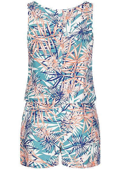 Seventyseven Lifestyle Dames Jumpsuit Tropical Print aqua blauw wit