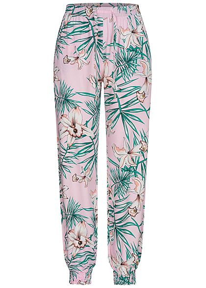 Seventyseven Lifestyle Dames Viscose Broek 2-Pockets Tropical Print lilac roze groen
