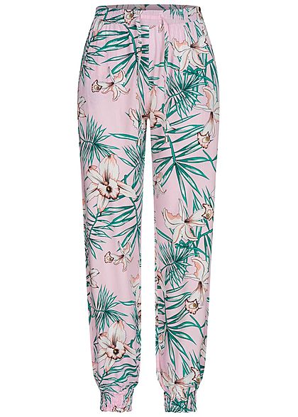 Seventyseven Lifestyle Dames Viscose Broek 2-Pockets Tropical Print lilac roze groen