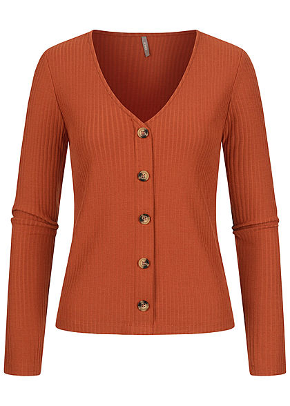 ONLY Damen Ribbed V-Neck Longsleeve Deko Knopfleiste ginger bread braun