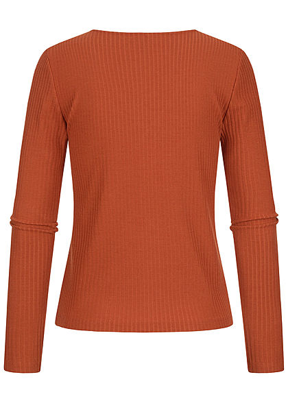 ONLY Damen Ribbed V-Neck Longsleeve Deko Knopfleiste ginger bread braun