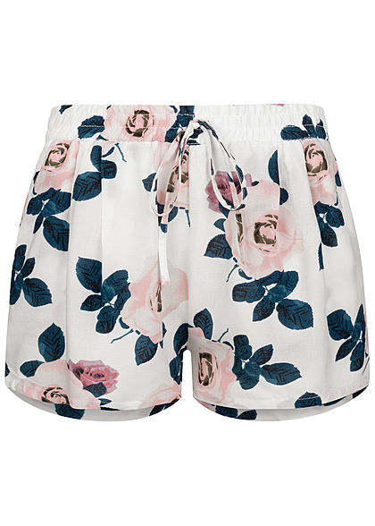 Hailys Damen Viskose Sommer Shorts Deko Tunnelzug Blumen Muster off weiss