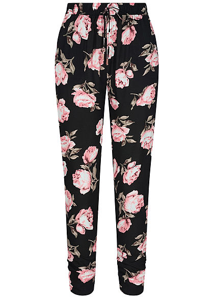 Hailys Damen Viskose Sommer Hose Deko Tunnelzug Rosen Muster schwarz rosa