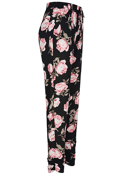 Hailys Damen Viskose Sommer Hose Deko Tunnelzug Rosen Muster schwarz rosa