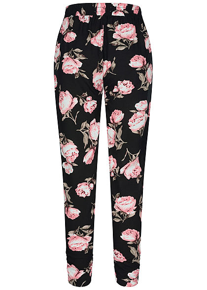 Hailys Damen Viskose Sommer Hose Deko Tunnelzug Rosen Muster schwarz rosa