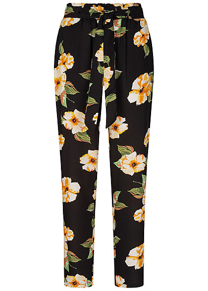 Hailys Damen Paperbag Sommer Hose 2-Pockets Floraler Print Bindegrtel schwarz gelb