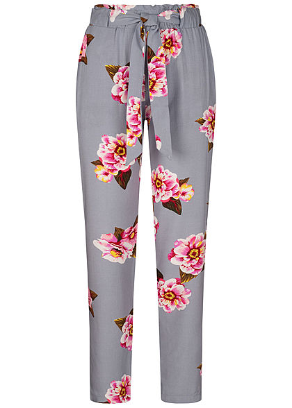 Hailys Damen Paperbag Sommer Hose 2-Pockets Floraler Print Bindegrtel medium grau rosa