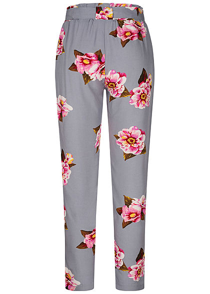 Hailys Damen Paperbag Sommer Hose 2-Pockets Floraler Print Bindegrtel medium grau rosa