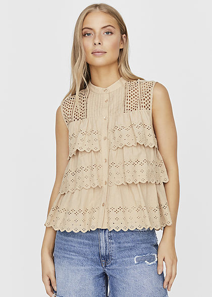 Vero Moda Damen Stufen Bluse mit Stickerei Knopfleiste nomad beige