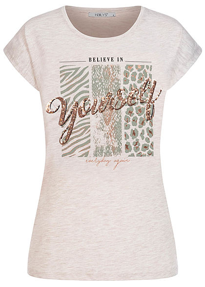 Hailys Damen Melange T-Shirt Yourself Pailletten Leo Print beige melange