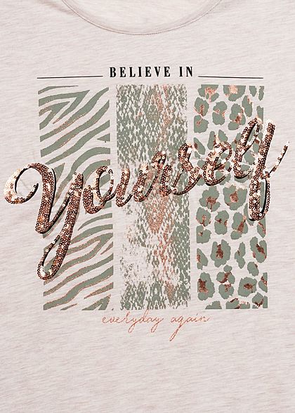 Hailys Damen Melange T-Shirt Yourself Pailletten Leo Print beige melange