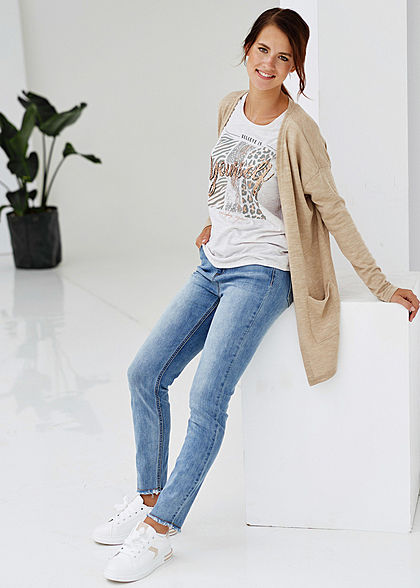 Hailys Damen Melange T-Shirt Yourself Pailletten Leo Print beige melange