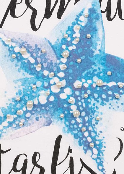 Sublevel Damen T-Shirt Mermaid Starfish Print Deko Perlen weiss