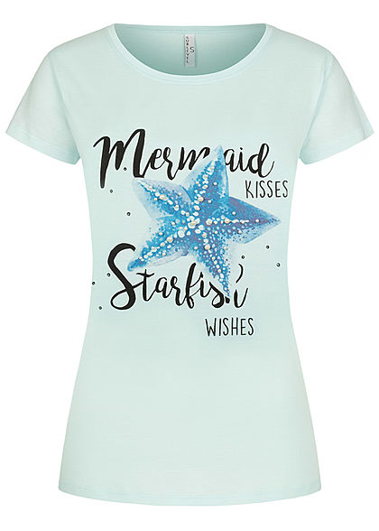 Sublevel Damen T-Shirt Mermaid Starfish Print Deko Perlen faded peppermint grün