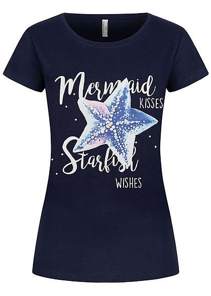 Sublevel Damen T-Shirt Mermaid Starfish Print Deko Perlen dunkel navy blau