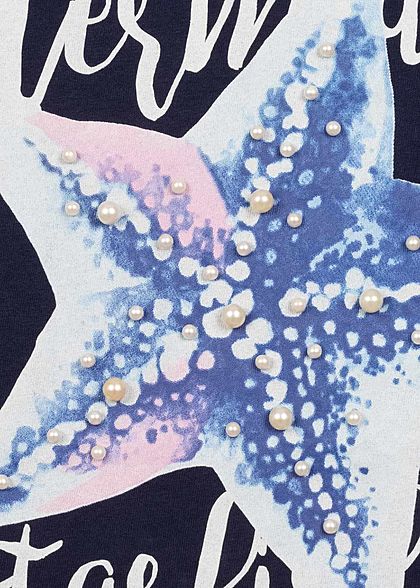 Sublevel Damen T-Shirt Mermaid Starfish Print Deko Perlen dunkel navy blau