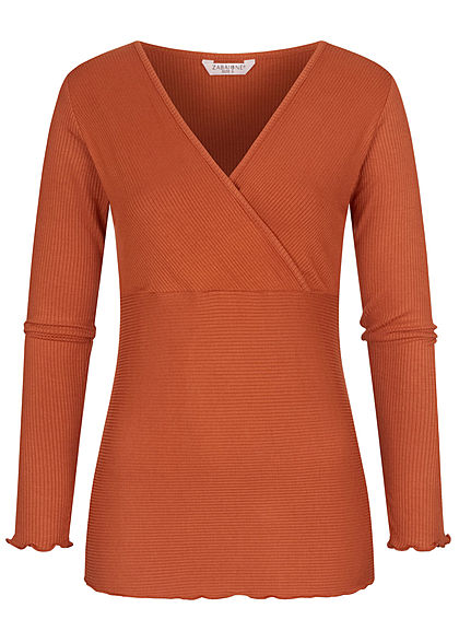Zabaione Damen Ribbed V-Neck Frill Longsleeve copper braun