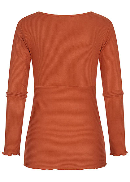 Zabaione Damen Ribbed V-Neck Frill Longsleeve copper braun