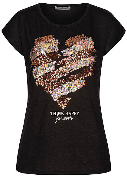 Seventyseven Lifestyle Damen Kurzarm T-Shirt Think Happy Herz Pailletten schwarz kupfer