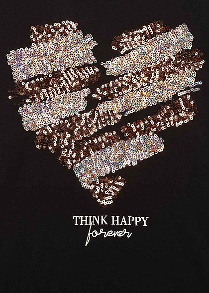 Seventyseven Lifestyle Damen Kurzarm T-Shirt Think Happy Herz Pailletten schwarz kupfer