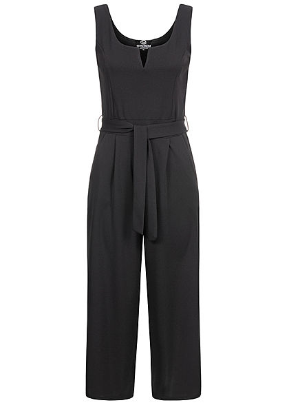 Styleboom Fashion Damen V-Neck Jumpsuit 2-Pockets inkl. Bindegürtel schwarz