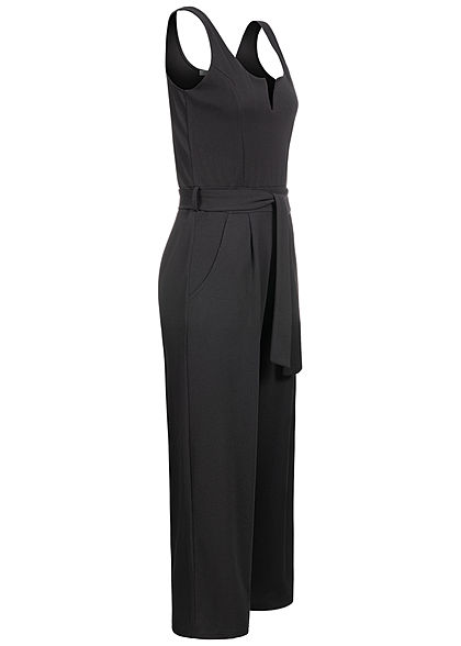Styleboom Fashion Damen V-Neck Jumpsuit 2-Pockets inkl. Bindegürtel schwarz