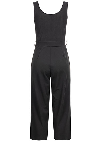 Styleboom Fashion Damen V-Neck Jumpsuit 2-Pockets inkl. Bindegürtel schwarz