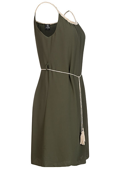 Styleboom Fashion Damen Mini Kleid Flechtträger inkl. Bindegürtel khaki grün