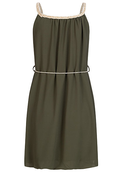 Styleboom Fashion Damen Mini Kleid Flechtträger inkl. Bindegürtel khaki grün