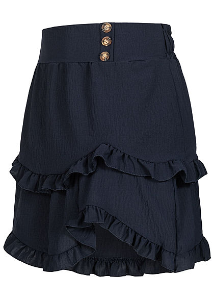 Styleboom Fashion Damen Frill Stufenrock mit Deko Knopfleiste navy dunkel blau