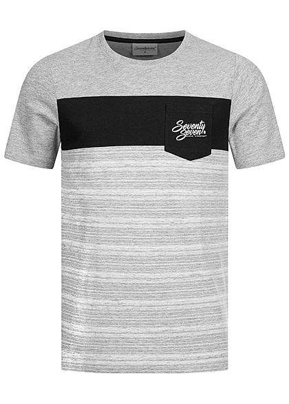 Seventyseven Lifestyle Herren 2-Tone Melange T-Shirt Logo Print Brusttasche grau schwarz - Art.-Nr.: 20078141