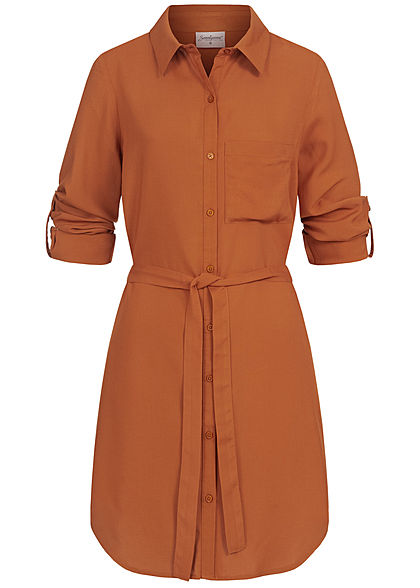 Seventyseven Lifestyle Damen Turn-Up Blusen Kleid inkl. Bindegürtel caramel braun