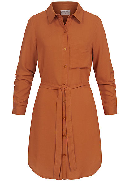 Seventyseven Lifestyle Damen Turn-Up Blusen Kleid inkl. Bindegürtel caramel braun