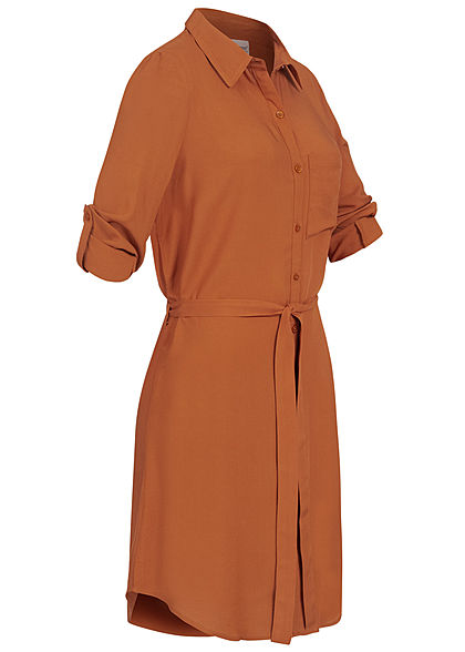 Seventyseven Lifestyle Damen Turn-Up Blusen Kleid inkl. Bindegürtel caramel braun