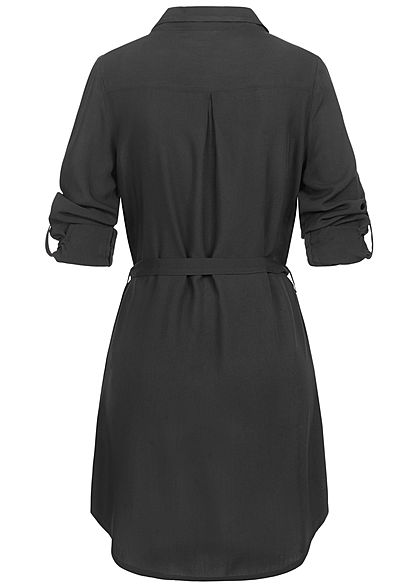 Seventyseven Lifestyle Damen Turn-Up Blusen Kleid inkl. Bindegürtel schwarz