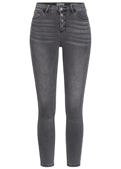 Hailys Damen High-Waist Skinny Jeans Hose 4er Knopfleiste 5-Pockets dunkel grau denim