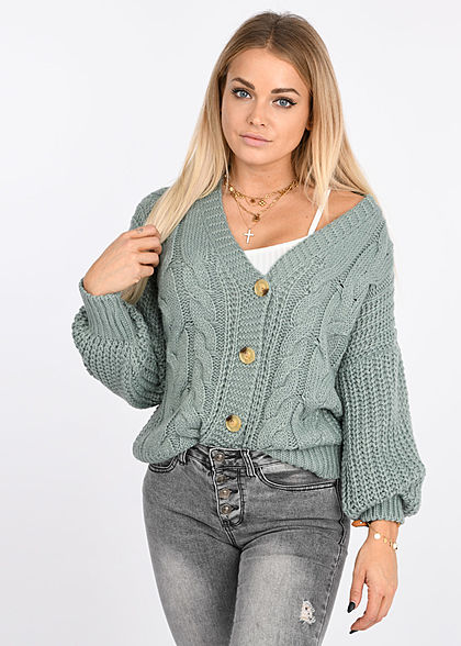 Styleboom Fashion Damen V-Neck Zopf Strickcardigan mit Knopfleiste jade grün