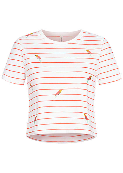 ONLY Damen Cropped T-Shirt Papagei Patch mit Streifen bright weiss coral pink