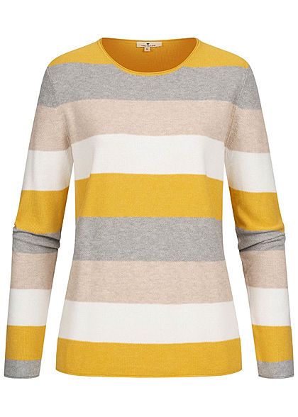 Tom Tailor Damen Colorblock Struktur Sweater Pullover Streifen gelb grau beige - Art.-Nr.: 20084084
