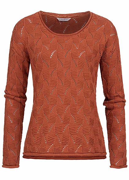Zabaione Damen Strickpullover mit Lochmuster & Rollkante am Saum copper braun