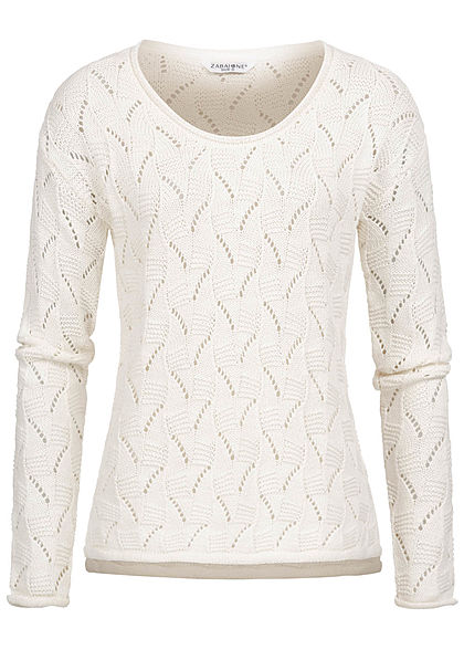 Zabaione Damen Strickpullover mit Lochmuster & Rollkante am Saum off weiss