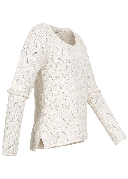 Zabaione Damen Strickpullover mit Lochmuster & Rollkante am Saum off weiss