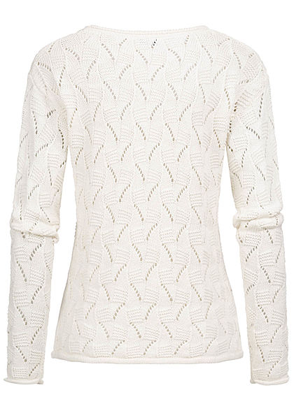 Zabaione Damen Strickpullover mit Lochmuster & Rollkante am Saum off weiss