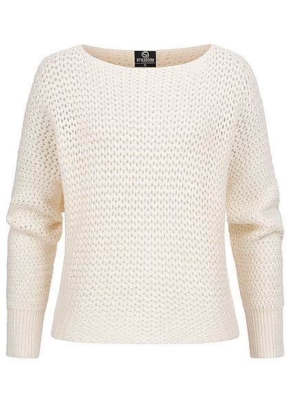 Styleboom Fashion Damen Grobstrickpullover Lochmuster cream beige