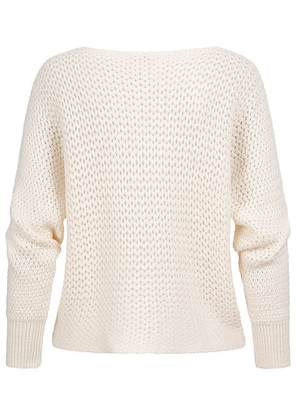 Styleboom Fashion Damen Grobstrickpullover Lochmuster cream beige