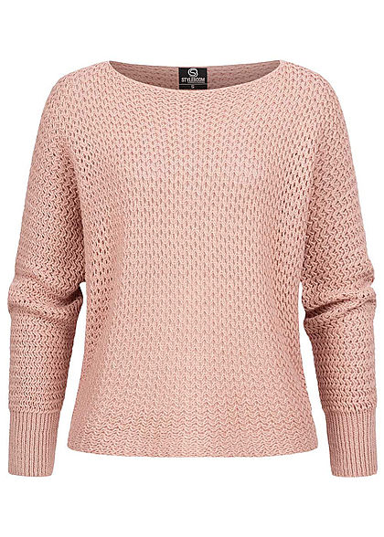 Styleboom Fashion Damen Grobstrickpullover Lochmuster rosa