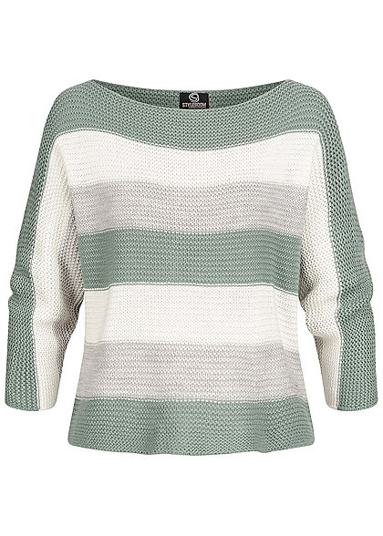 Styleboom Fashion Damen Colorblock Strickpullover Streifen Muster jade grün grau