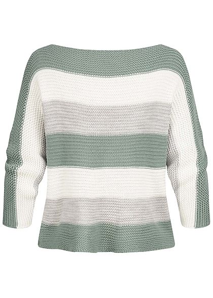 Styleboom Fashion Damen Colorblock Strickpullover Streifen Muster jade grün grau